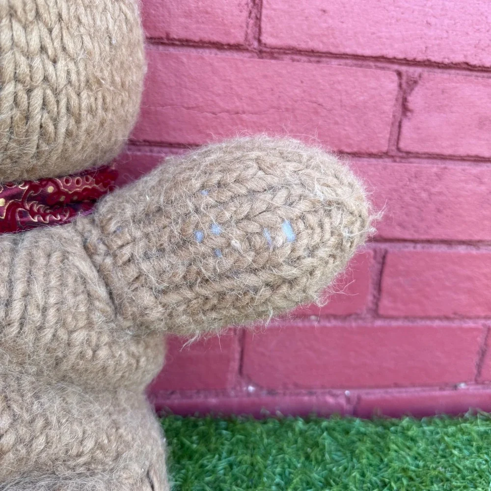Vtg Hand Knitted Teddy Bear‎ Tan Yarn Red Scarf Bow Stuffed Animal Plush Toy 23